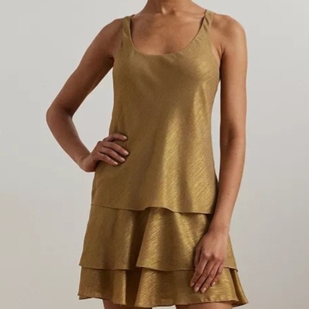 Ralph Lauren Metallic Chiffon Sleeveless Shift Gold Dress Womens Size 16 NWT